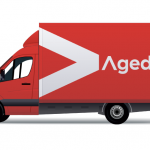 Camion de couleur rouge avec le logo Agediss en blanc